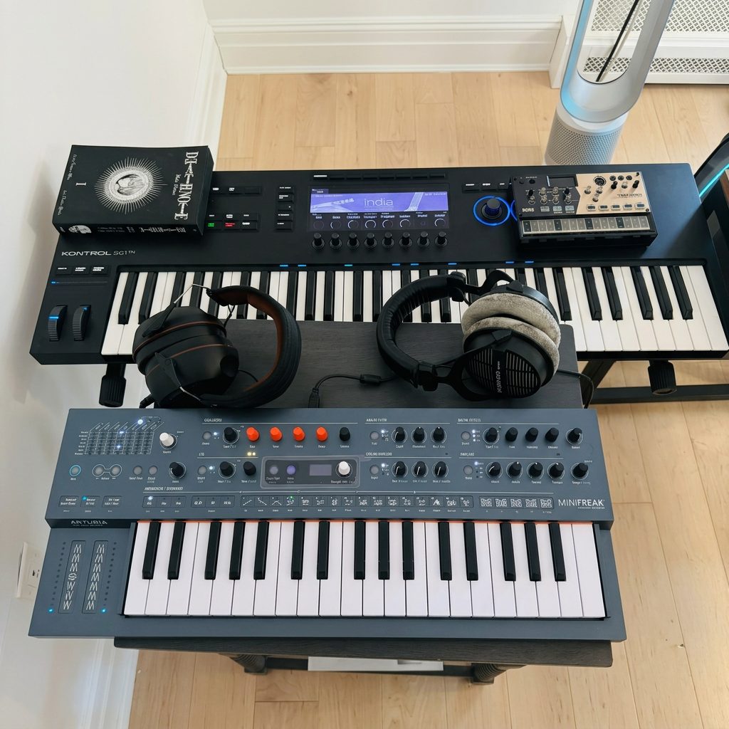 The whole studio desk from above